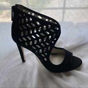 BCBG black leather suede heels with laser cutouts size 7
